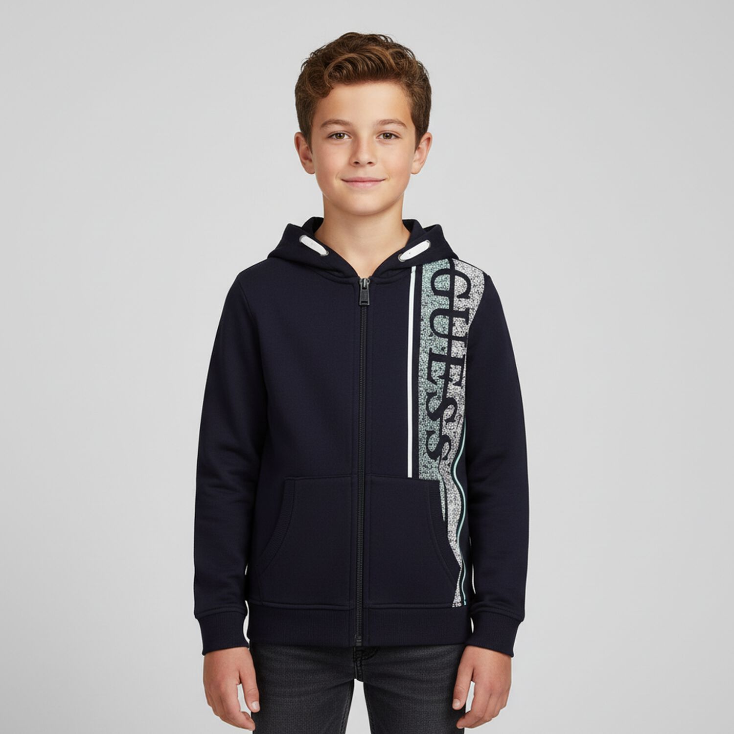 Boys Navy Blue Logo Hooded Top, 1, hi-res image number null