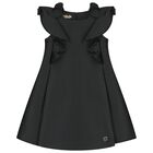 Girls Black Satin Ruffle Dress, 2, hi-res