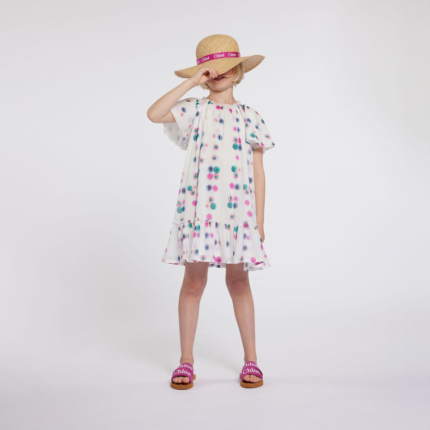 Girls White Ruffled Dress, 1, hi-res