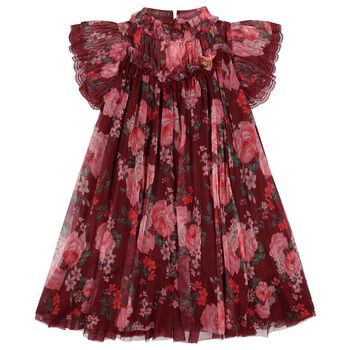Girls Red Floral Ruffled Tulle Hettie Dress