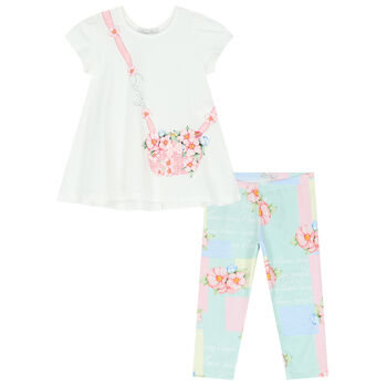 Girls White Floral Leggings Set