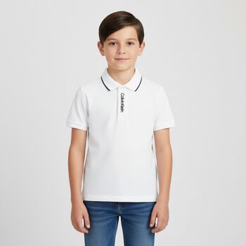 Boys White Logo Polo Shirt, 2 Boys White Logo Polo Shirt