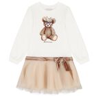 Girls Ivory & Beige Teddy Bear Dress, 1, hi-res