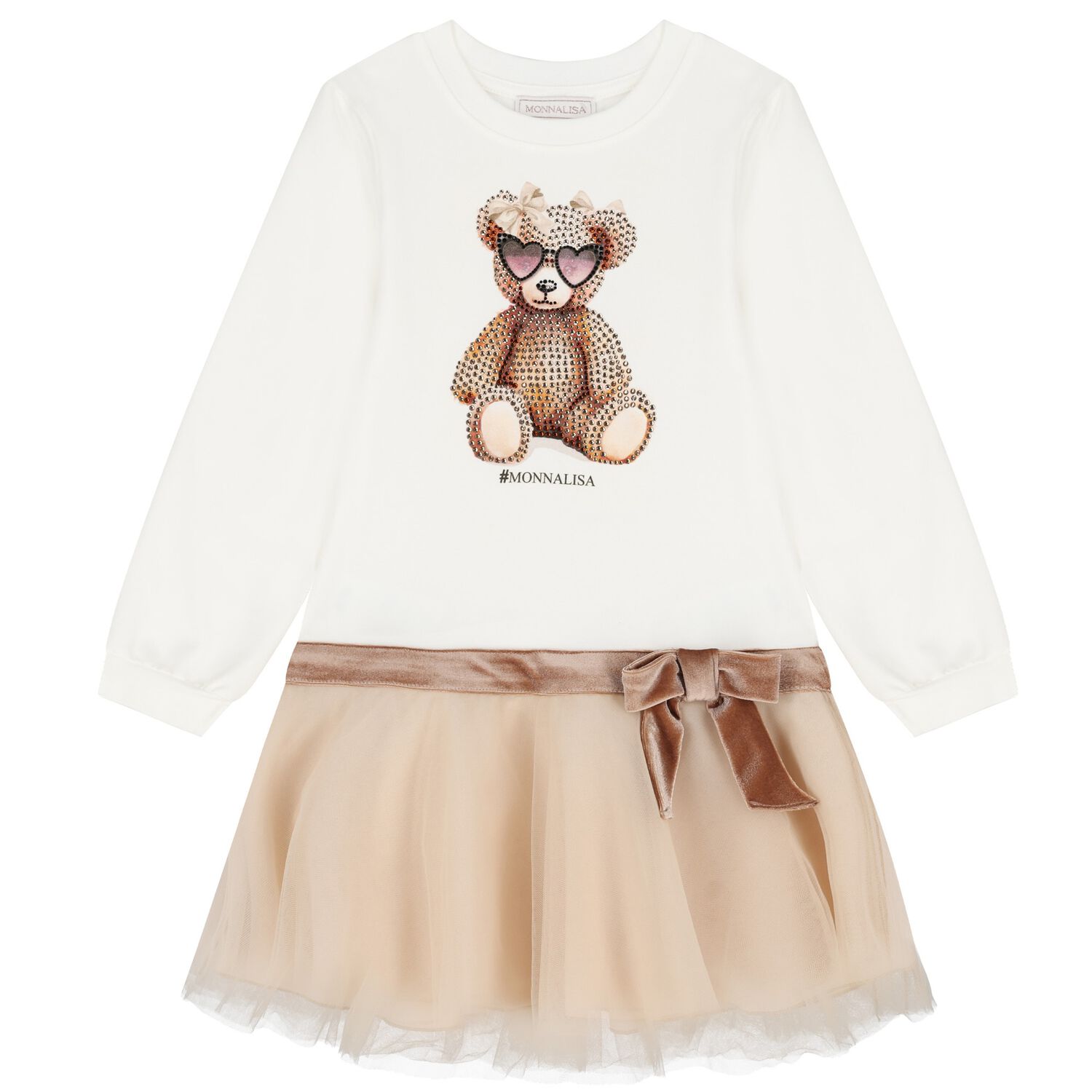 Girls Ivory & Beige Teddy Bear Dress, 1, hi-res image number null