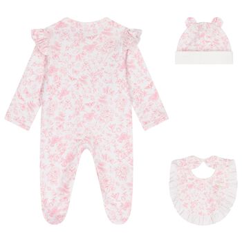 Baby Girls White & Pink Toile Babygrow Set