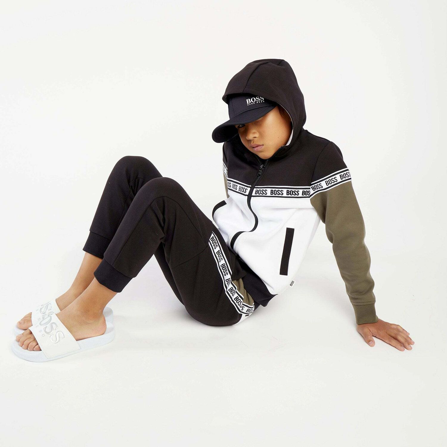 Boys Black White & Khaki Zip-Up Top, 1, hi-res image number null