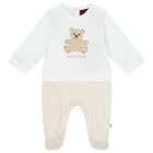 White & Beige Teddy Bear Logo Babygrow, 1, hi-res