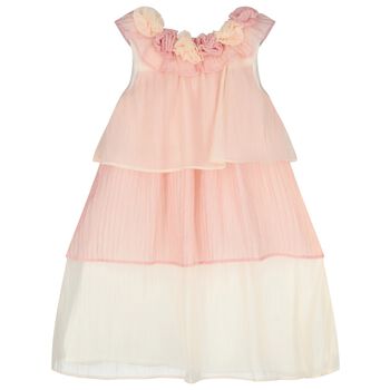 Girls Pink & Ivory Floral Tiered Chiffon Dress