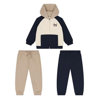 Younger Boys Beige & Navy Blue Tracksuit Set
