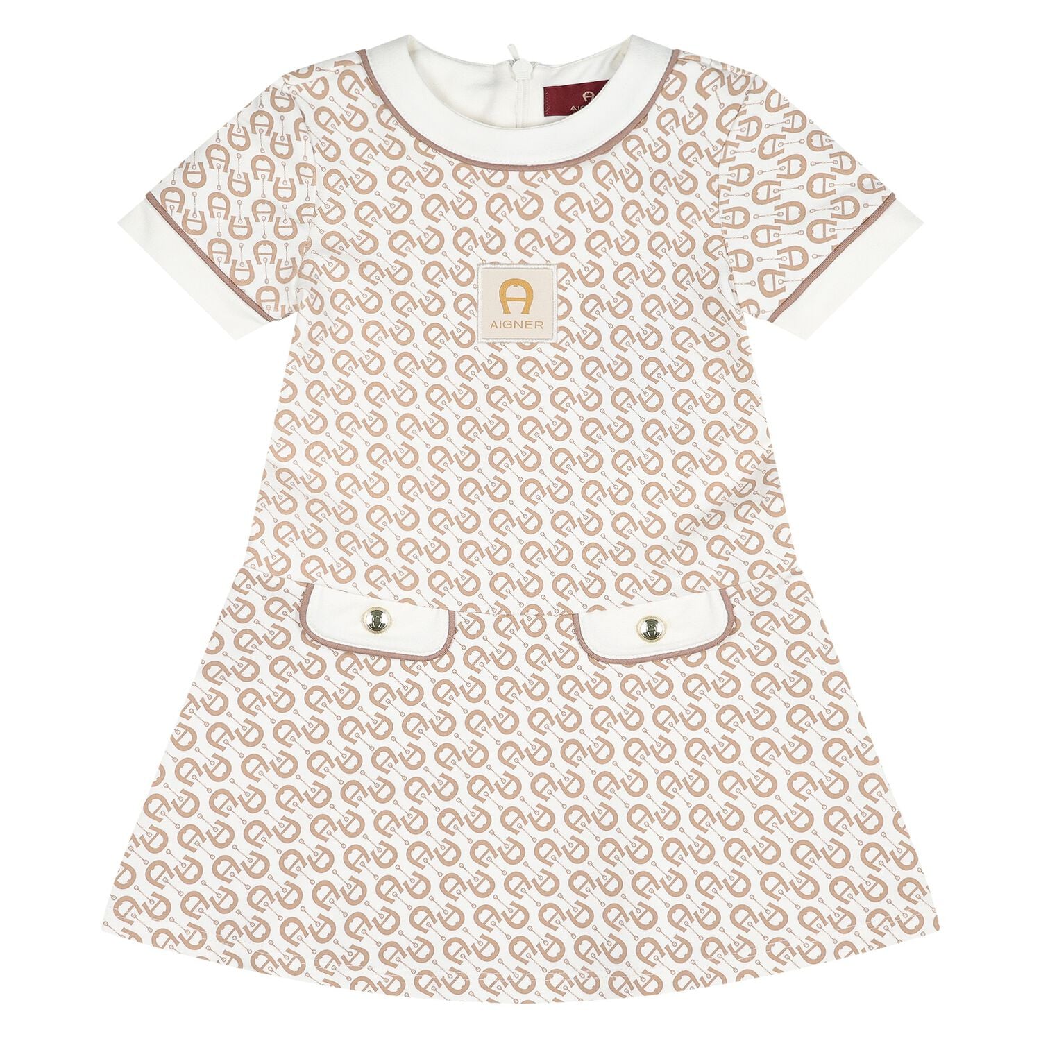 Younger Girls Ivory & Beige Logo Dress, 1, hi-res