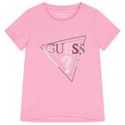 Girls Pink Embellished Logo T-Shirt, 3, hi-res
