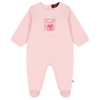 Baby Girls Pink Teddy Bear Logo Babygrow