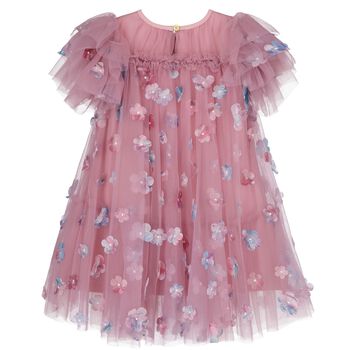 Girls Pink Tulle Flowers Dress