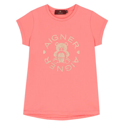 Girls Coral Pink Bear Logo T-Shirt