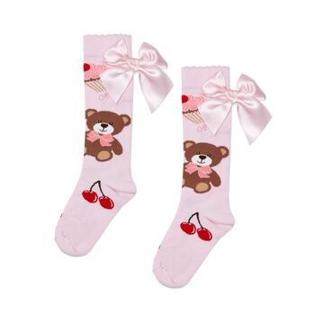 Girls Pink Satin Bow Socks