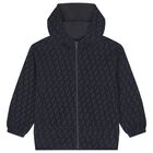 Boys Black & Navy Blue Logo Hooded Zip Up Top, 1, hi-res