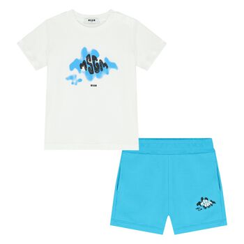 Younger Boys White & Blue Logo Shorts Set