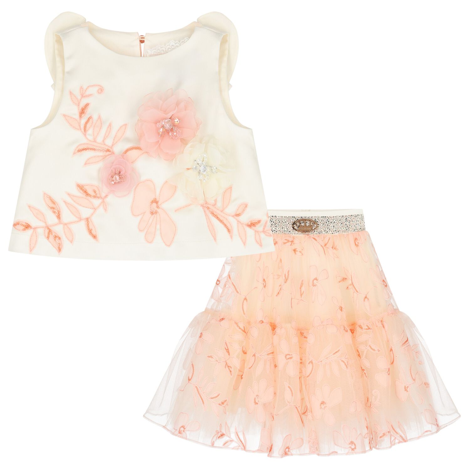 Girls Ivory & Pink Floral Skirt Set, 1, hi-res image number null