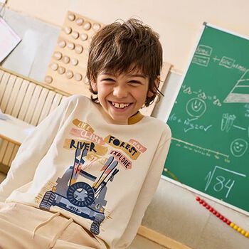 Boys Beige Car Long Sleeve Top