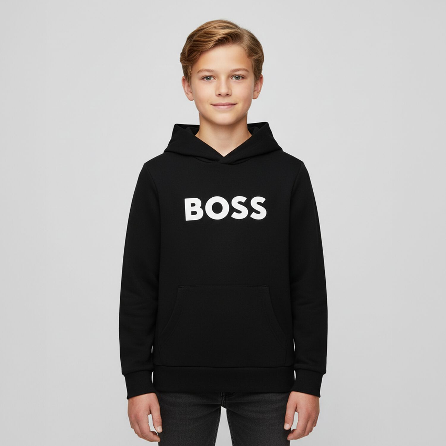Boys Black Logo Hooded Top, 1, hi-res