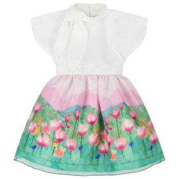 Girls White, Pink & Green Floral Dress