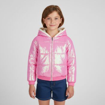 Girls Pink Hooded Sequin Puffer Jacket