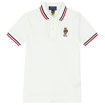 Boys White Bear Logo Piqué Polo Shirt
