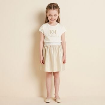 Girls Ivory & Gold Logo Dress