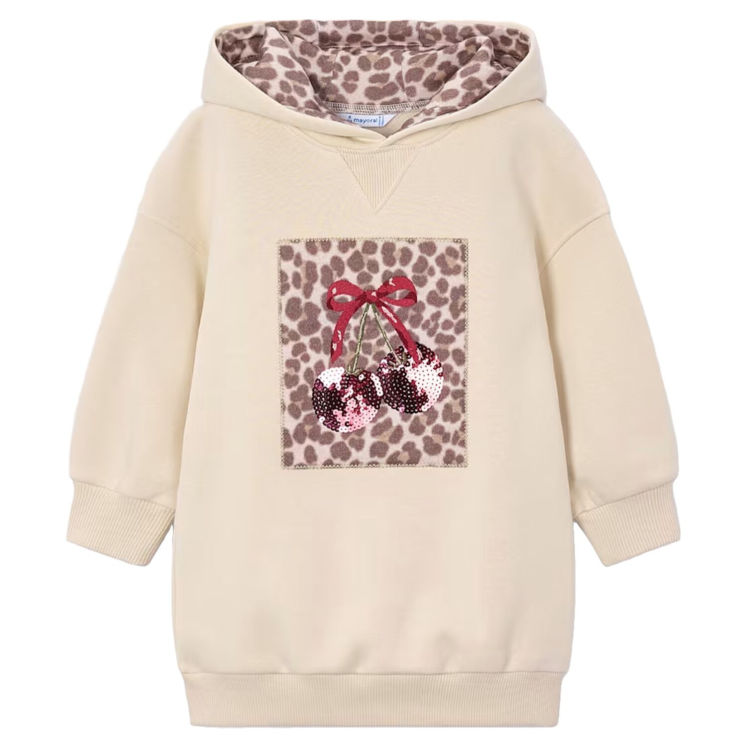 Girls Beige Embellished Cherry Hooded Sweatshirt Dress, 1, hi-res