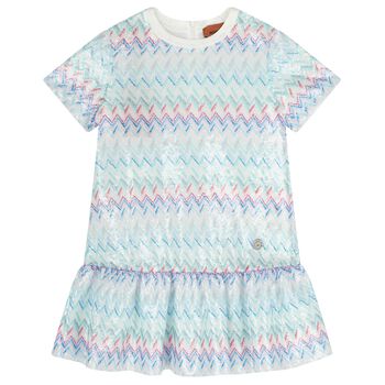 Girls White & Blue Zig Zag Embellished Sequin Dress