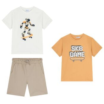 Boys White, Yellow & Beige Shorts Set