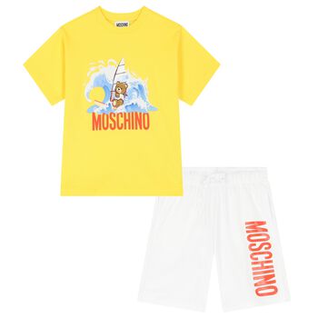 Boys Yellow & White Cotton Logo Shorts Set