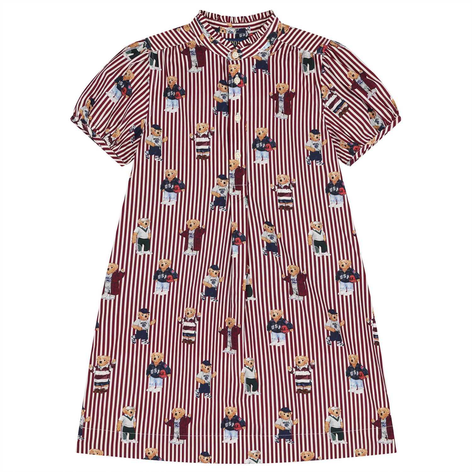 Girls White & Red Polo Bear Striped Dress, 1, hi-res