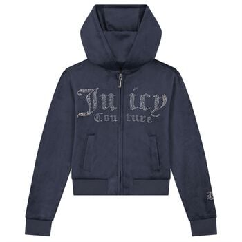 Girls Navy Blue Embellished Logo Hooded Zip Up Top
