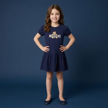 Younger Girls Navy Blue Teddy Bear Logo Dress