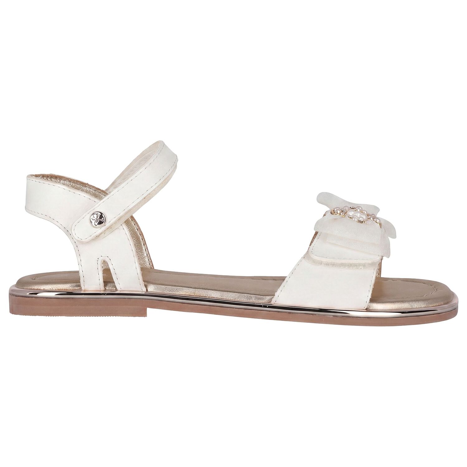 Girls White & Gold Leather Tulle Bow Sandal, 1, hi-res