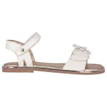 Girls White & Gold Leather Tulle Bow Sandal