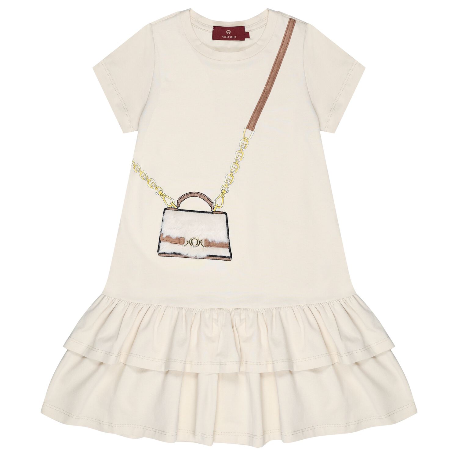 Girls Beige Faux Fur Bag Logo Dress, 1, hi-res