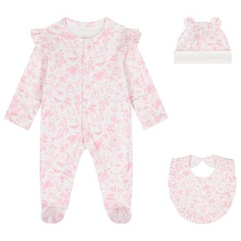 Baby Girls White & Pink Toile Babygrow Set