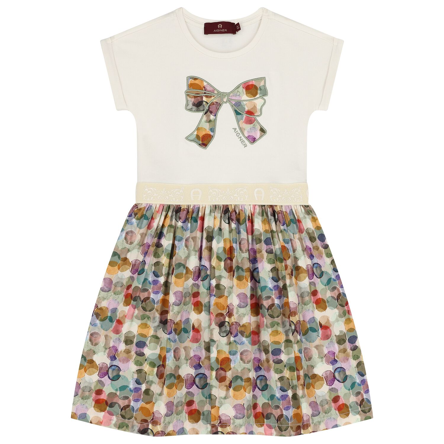 Girls Ivory & Green Ribbon Dress, 1, hi-res