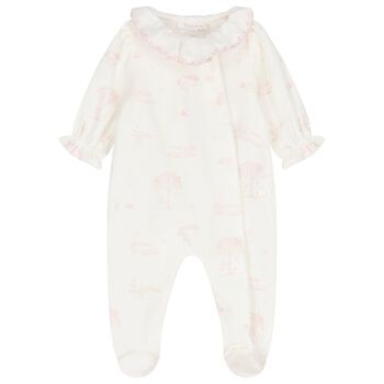 Baby Girls Ivory & Pink Velour Babygrow