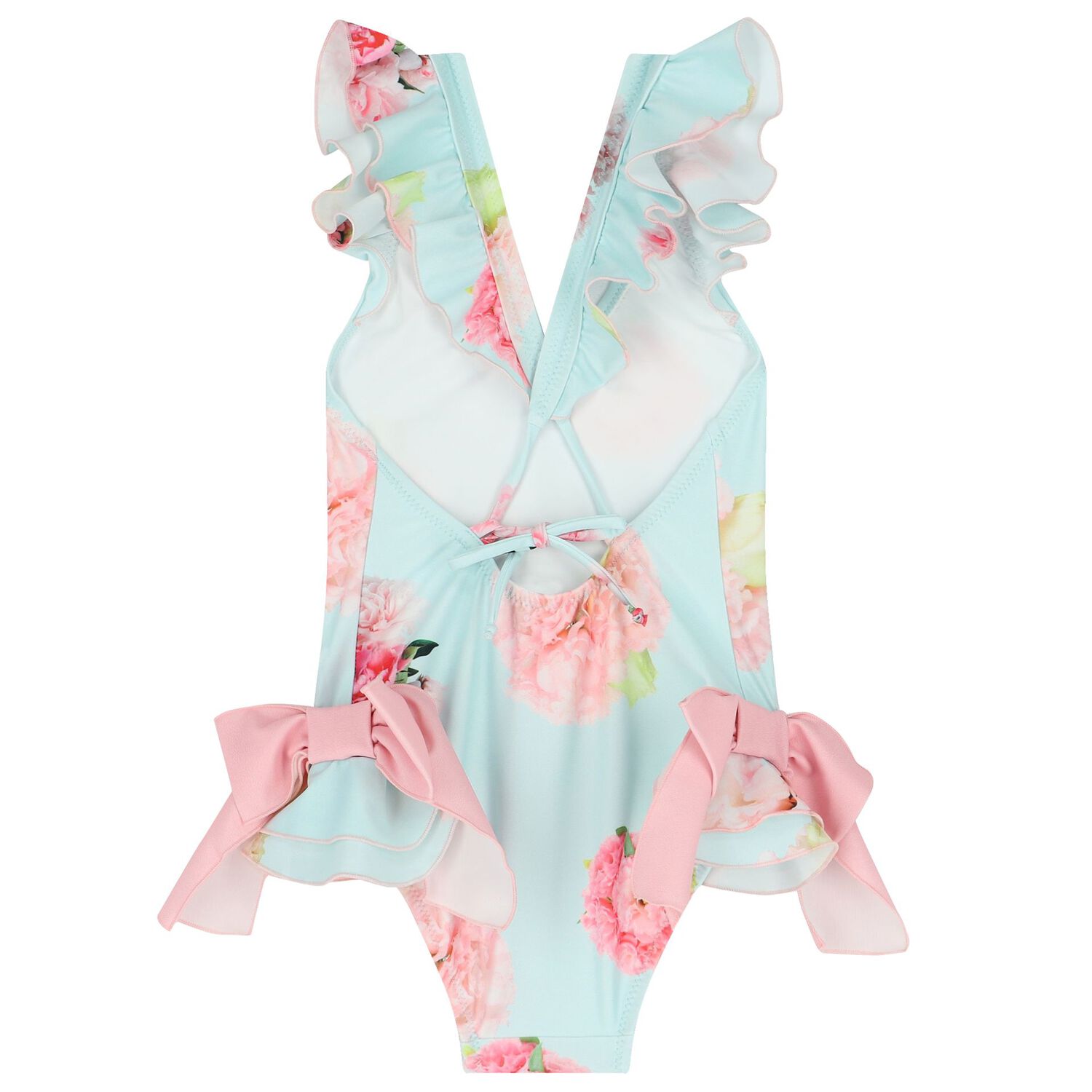 Girls Blue Floral Ruffled Swimsuit, 1, hi-res image number null