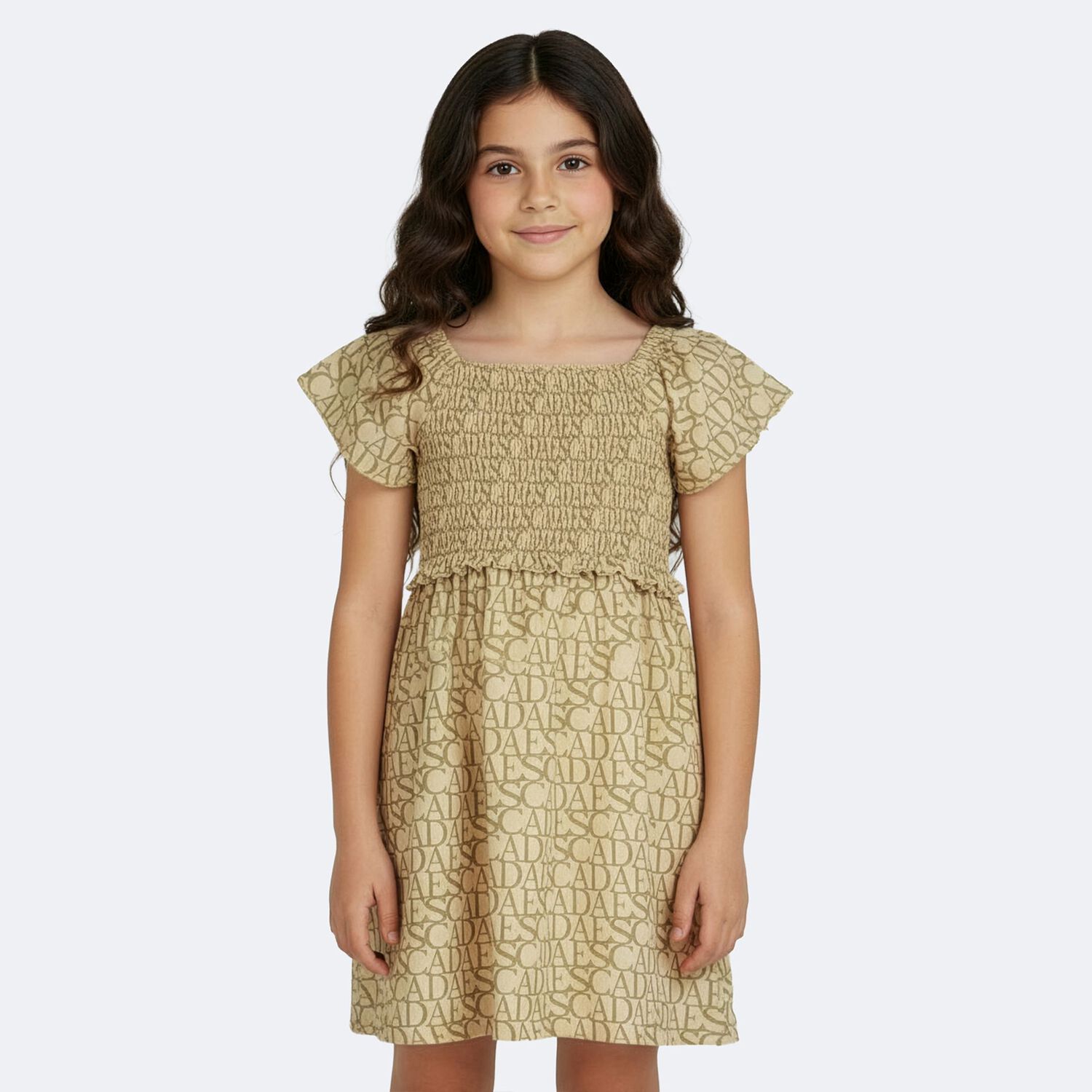 Girls Beige & Gold Logo Smocked Dress, 1, hi-res