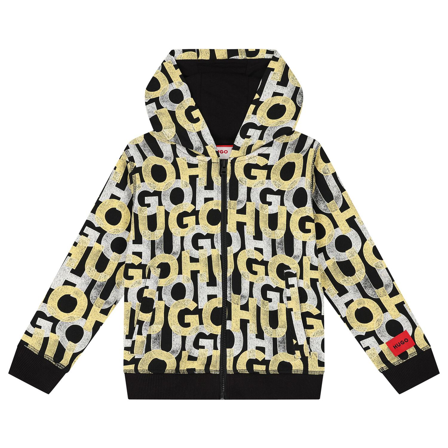Boys Black Monogram Hooded Zip-Up Top, 1, hi-res image number null