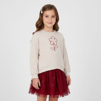 Girls Beige & Red Flower Skirt Set