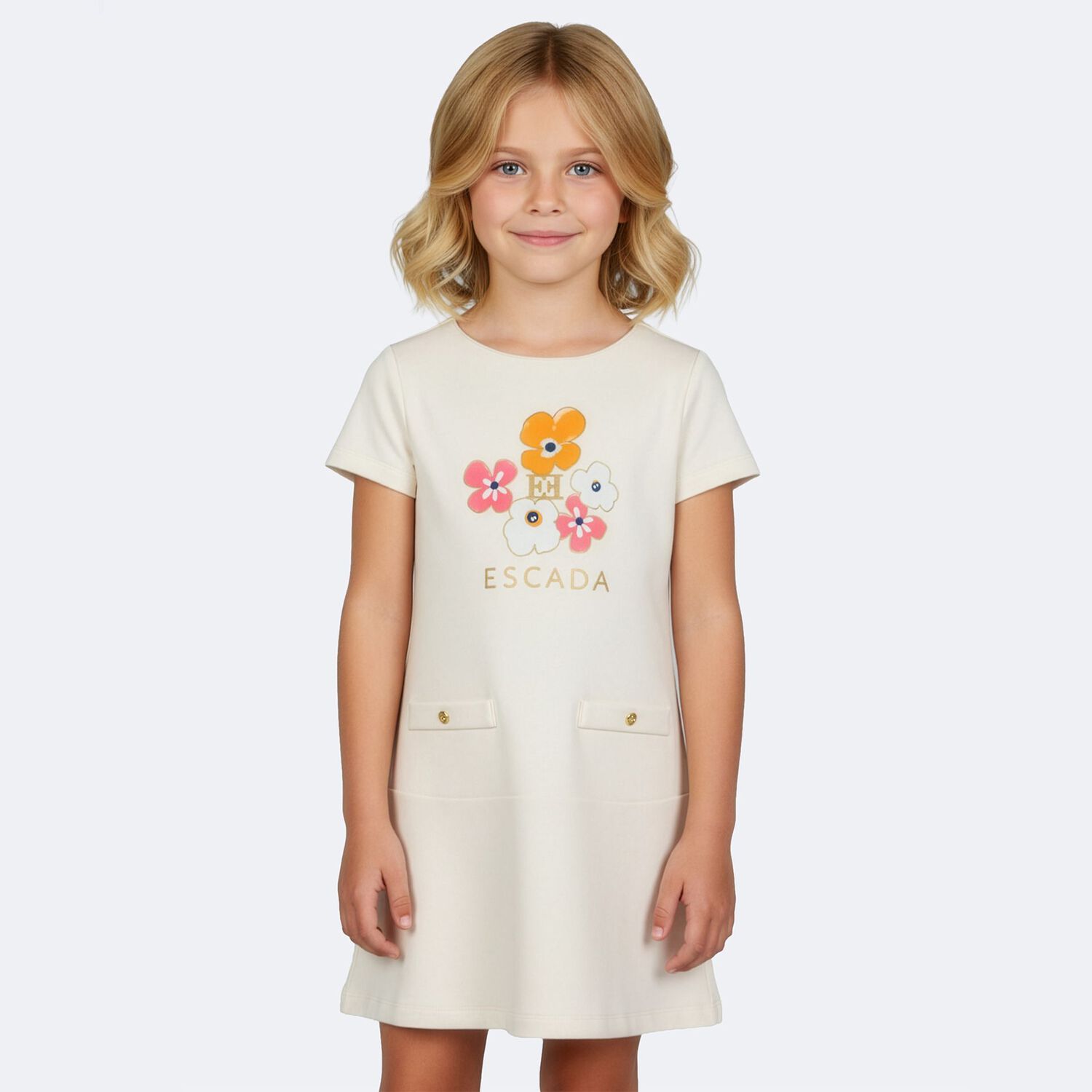 Girls Ivory Floral Logo Dress, 1, hi-res