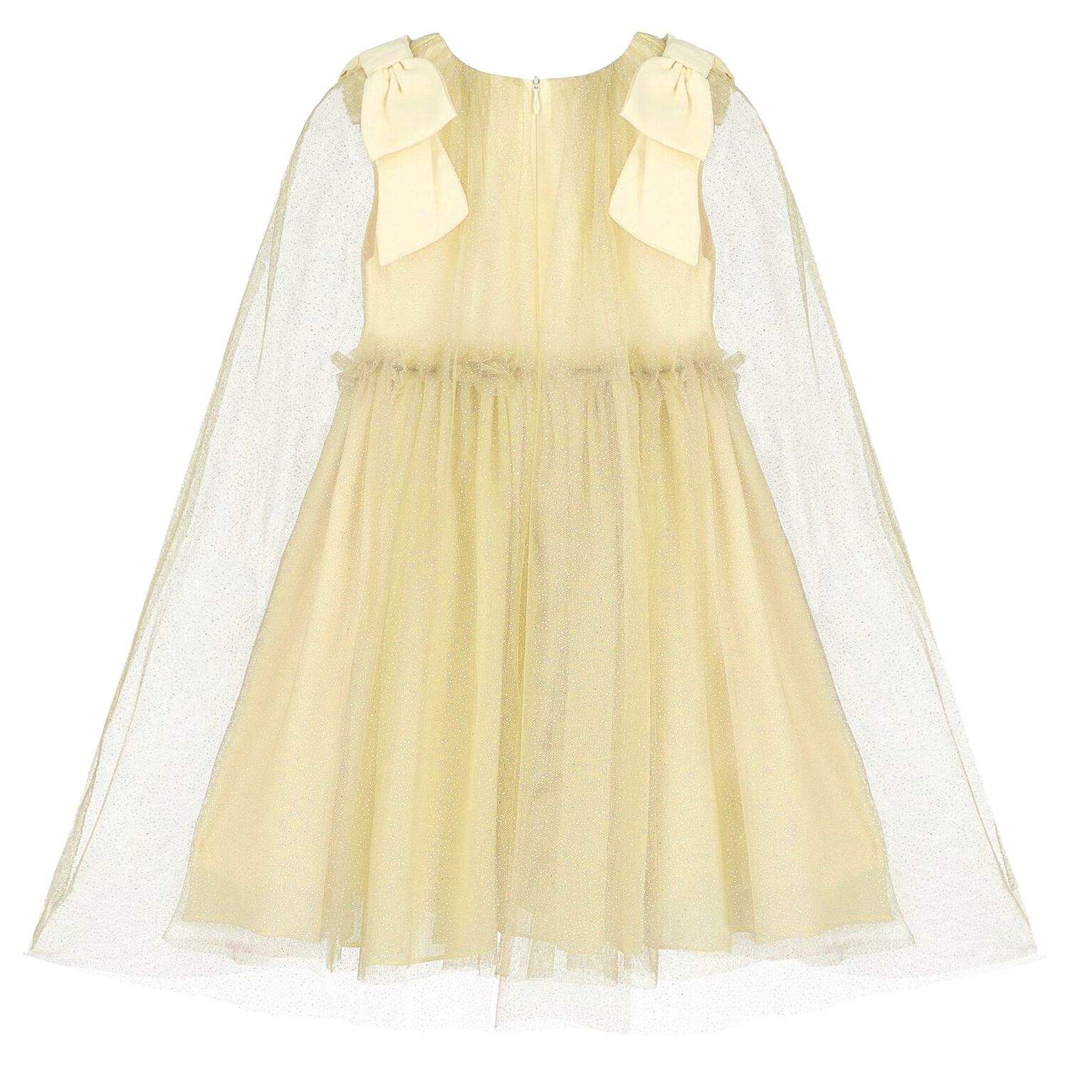 Girls Gold Tulle & Chiffon Cape Dress, 2, hi-res