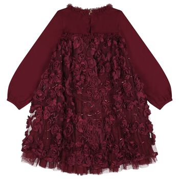 Girls Burgundy 3D Flower & Sequin Tulle Margot Dress