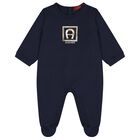 Baby Boys Navy Blue & Gold Logo Babygrow, 2, hi-res