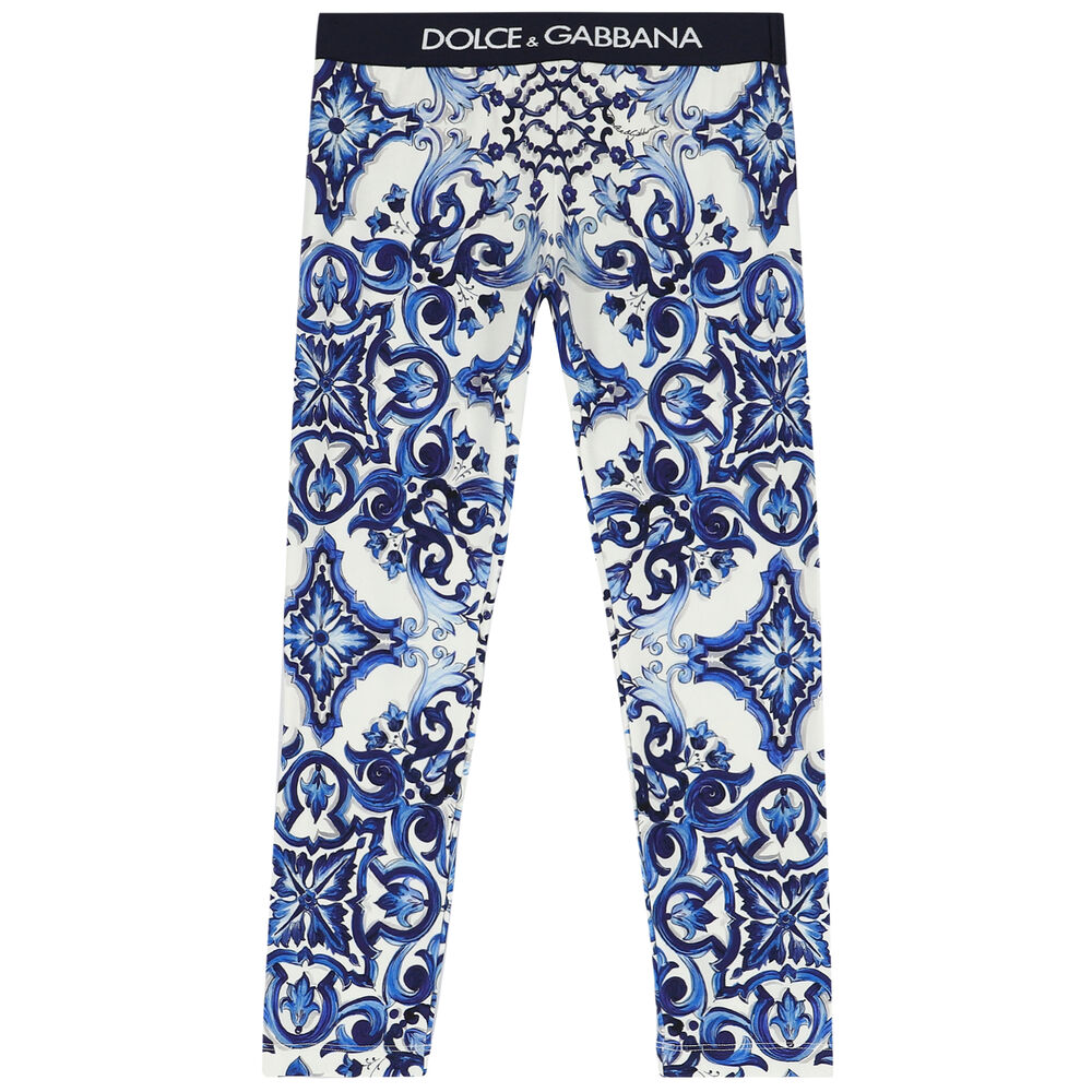 Dolce & Gabbana Girls Ivory & Blue Majolica Leggings
